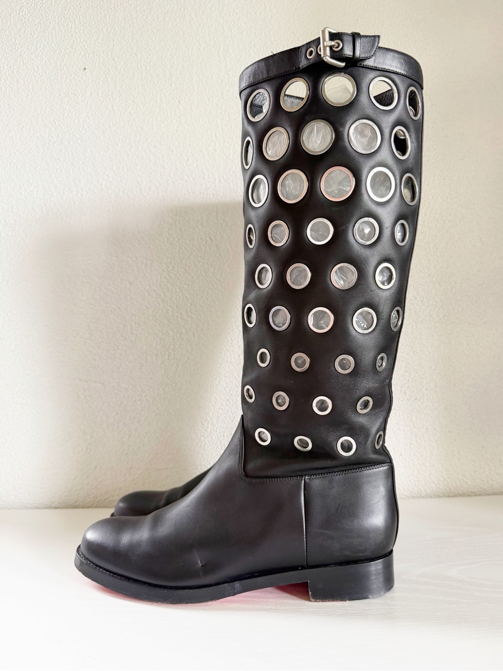 Christian Louboutin Apollobotta Grommet Black Leather Knee High Boots EU 40.5